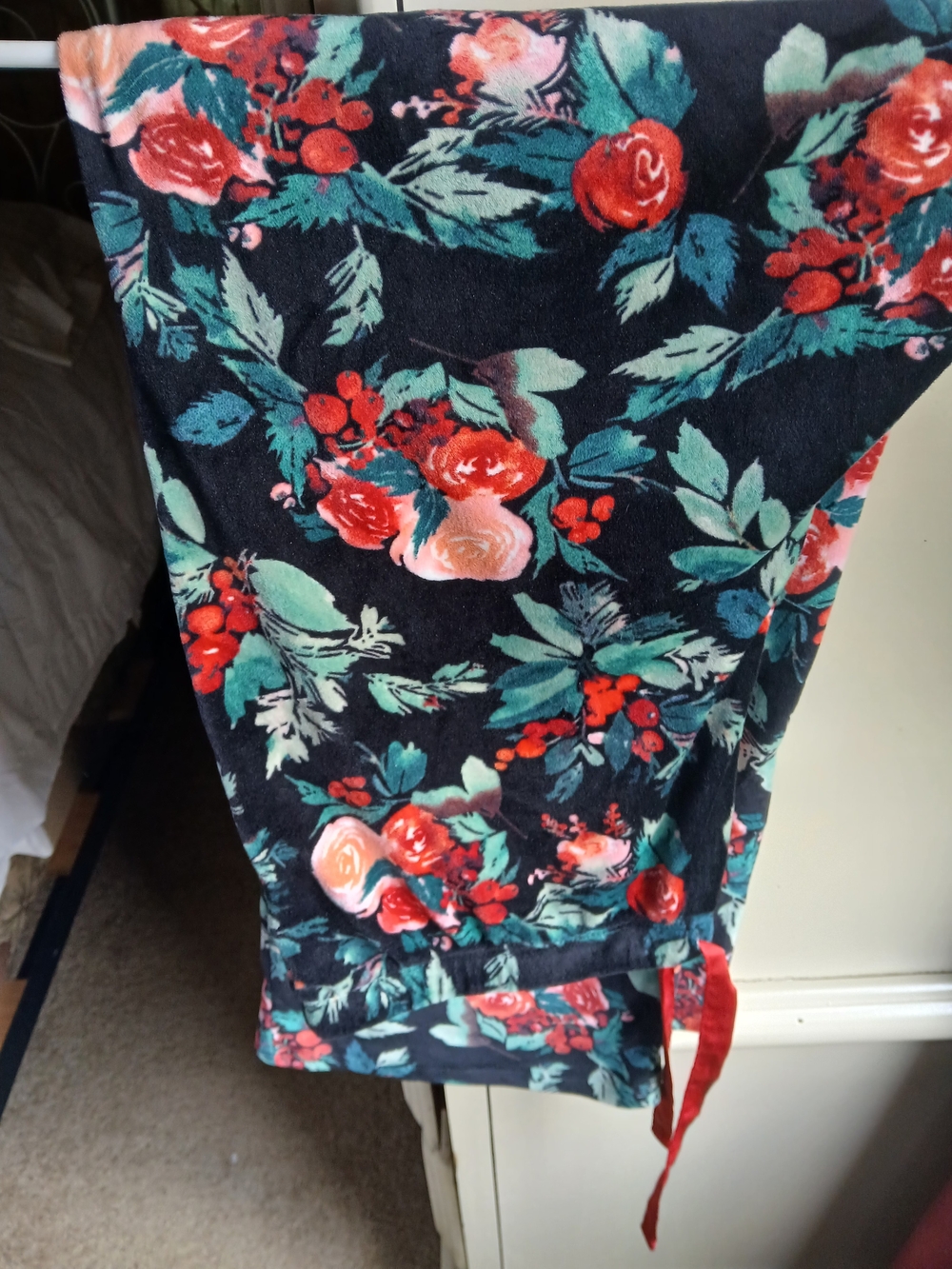 stars above Black Floral Pajama Pants with Red, Green & Peach Flowers - Picture 2 of 5